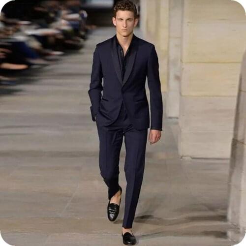 Dark Navy Men Suits Slim Fit Prom Business Suits Wedding Tuxedos Groom Wear 2Pieces (Jacket+Pants) Best Man Blazer Costume Homme