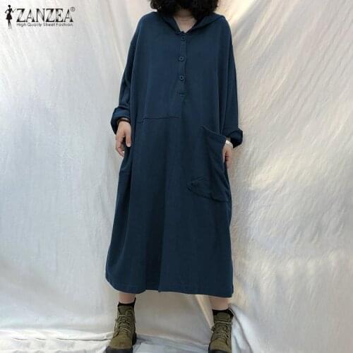 ZANZEA Hoodies Long Maxi Robe Vintage Solid Button Vestido Casual Chic Loose Kaftan Womens Fashion Sweatshirt Dress Oversize 5XL