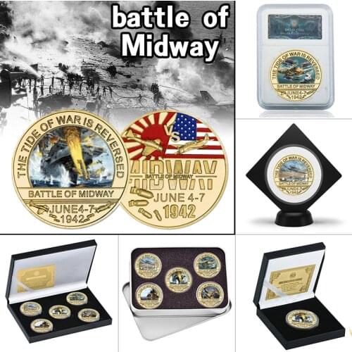 WR Battle of Midway Gold Plated Challenge Coins Set In Holder US Army Souvenir Military Commemorative Coin Gifts for Veterans