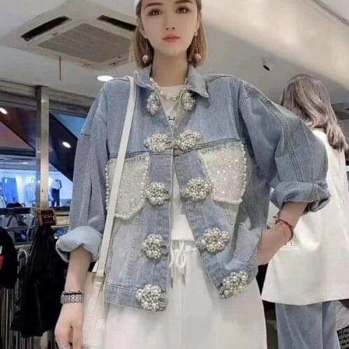 Spring New Pearls Beading Fashion Denim Jacket Women Temperament Sequins Pocket Cowboy Elegant Jackets Women Clothing