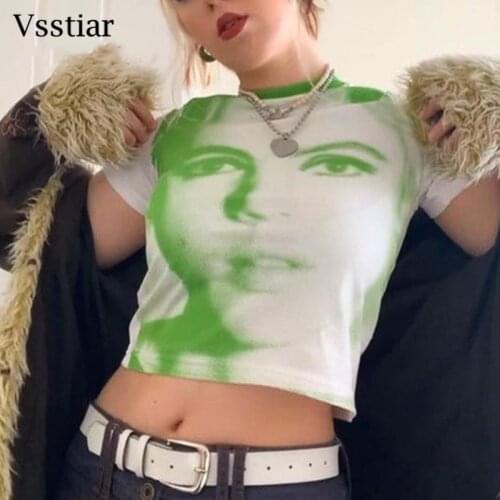 Vsstiar Green Portrait Print T-Shirt Y2K Streetwear Short Sleeve Tie Dye Tees Shirts Women Casual Graphic O Neck Summer Sexy Top