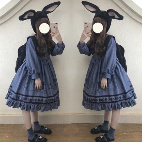 Doll Bear Vintage Style Womens Lolita Dress OP Long Sleeve Dress Cute Girls Winter Autumn Dress One Piece Gray Blue