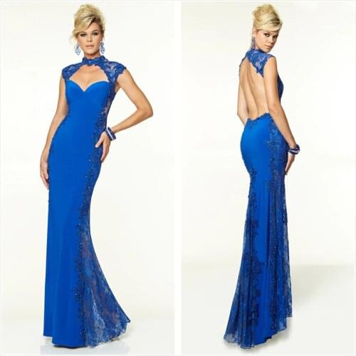 2018 robe de soiree High Neck SChiffon Lace women elegant 2018 Royal Blue formal evening Prom Gown mother of the bride dresses