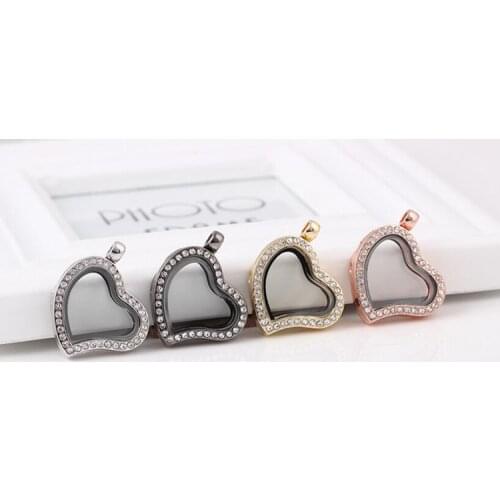 10PCS/lot Rhinestones Magnetic Heart Floating Locket Living Glass Memory Locket Necklace Pendant For Women