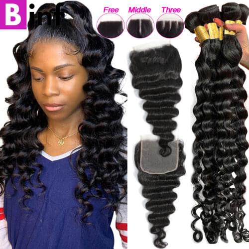 "8-40" Inches Loose Deep Wave Bundles with Closure Remy 3/4 Brazilian Hair Weave Bundles With Closure Sale Preplucked Hairline