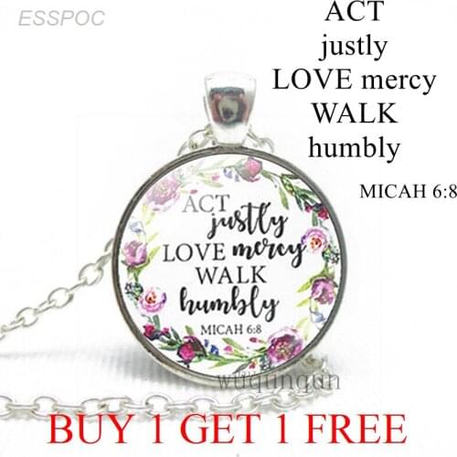 Act Justly Love Mercy Walk Humbly Bible Verse Necklace Inspirational Quote Glass Fashion Jewelry Christian Pendant Women Gifts