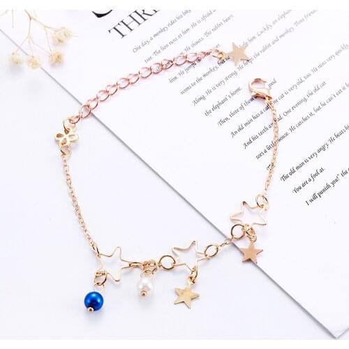 Blue Beads Pearl Bracelets for Women Boho Star Jewelry Geometric Leaves Beads Layered Hand Chain Charm Bracelet