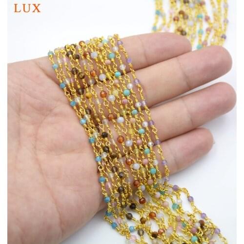 Natural gems stone 3mm Unfinished Bead Wire Wrapped Chains Rosary Gold-Plated Chain hand made chain for perfume bottle necklace