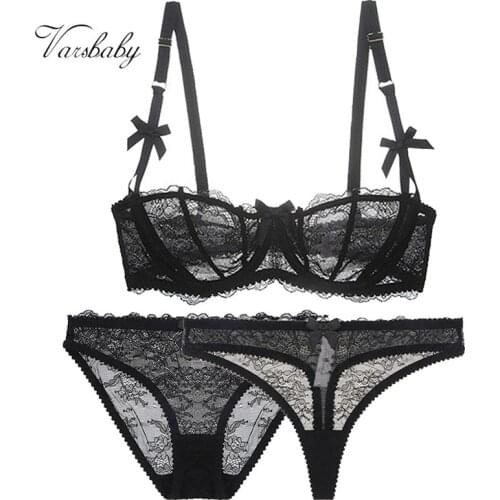 Varsbaby sexy unlined underwear set half cup transparent 3 pcs bras+panties +thongs bra set for women