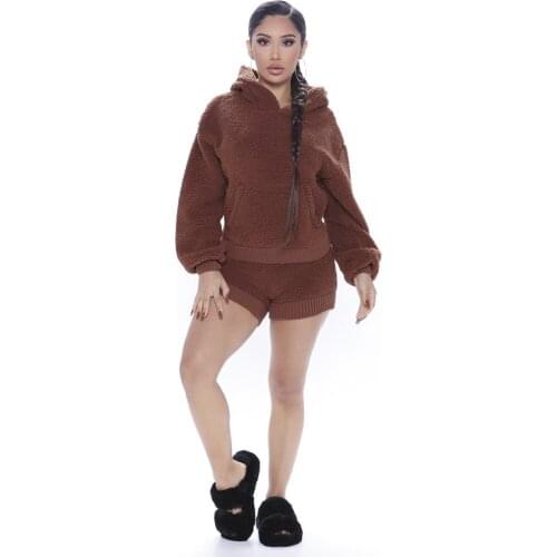 Brown Hooded Bear Pajamas Sets Winter Thick Two Piece Suits Long Sleeve Hoodie Pullover Top and Shorts Sleepwear Women Outfits