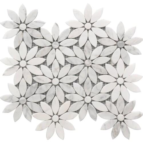 Beautiful Sun Flower Pattern Carrara White Italian Waterjet Stone Marble Mosaic Tile for Home Decoration
