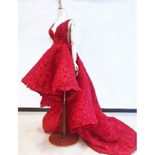 Red Muslim Evening Dresses Ball Gown Deep V-neck Lace Beaded Flowers Islamic Dubai Saudi Arabic Long Elegant Evening Gown