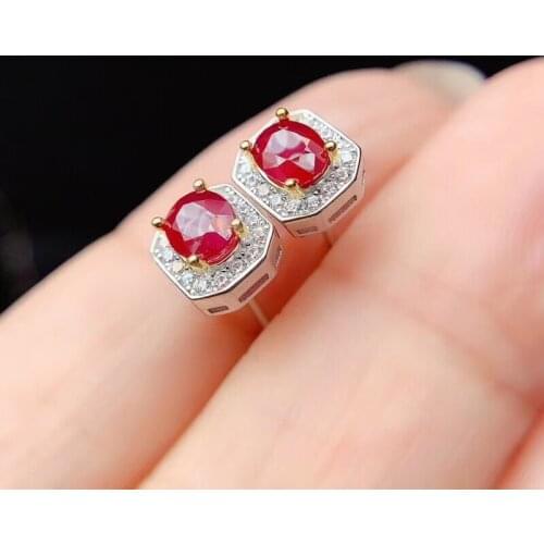 Red ruby gemstone stud earrings for women silver fine jewelry natural gem real 925 silver party gift birthstone good luck