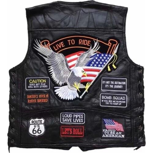 Motocycle Vest Mens Stitching Sheepskin Leather Waistcoat with Embroidered Badge Motocross Equipment Motocycle Jacket VL004