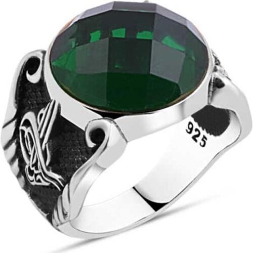 Cutting Green Zircon Silver Men Ring