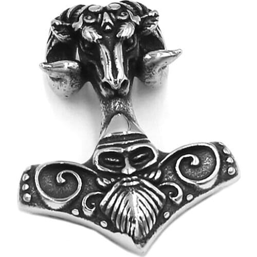 Myth Thor Hammer Norse Viking Runes Pendant Stainless Steel Jewelry Axe Odin Amulet Animal Goat Biker Men Pendant 539B