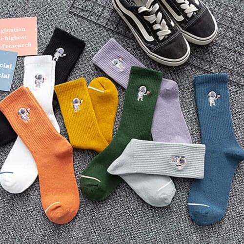 Spring summer couple socks solid color ins tide embroidery astronaut net red fashion wild tube socks sports tide socks