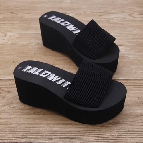 NEW Women Slipper Simple Chanclas Elastic Fabric Slippers Women High Heel Beach Flip Flops Summer Platform Sandals Zapatos Mujer