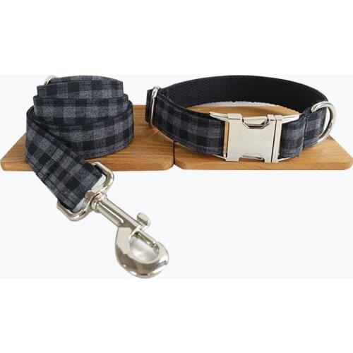 Customized Dog Collar Engraved Puppy ID Tag Leash Collar Set Adjustable Outdoor Plaid Pet Collar Leash Fabric THE BLACK PLAID