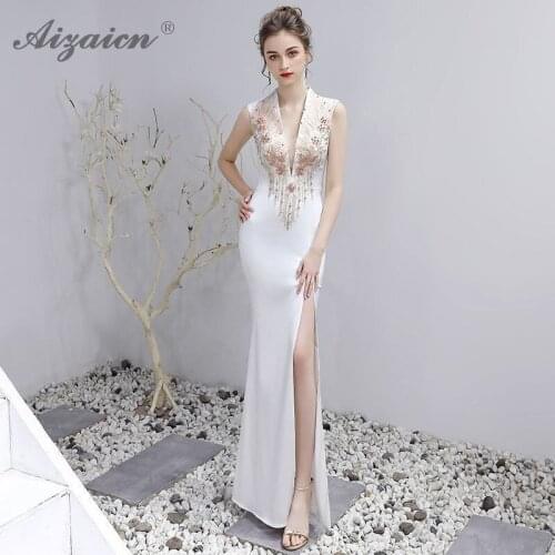 Luxury White Chinoise Party Vintage Gown Fashion V Neck Cheongsam Long Evening Dresses Qi Pao Women Chinese Traditional Dress