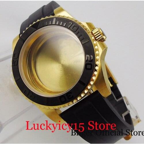 Luxury Whole Gold Coated Automatic Watch Case Black Rubber Band Brushed Bezel Insert Fit ETA 2836 MIYOTA Movement