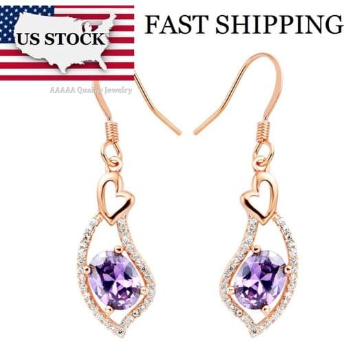 USA STOCK Uloveido Dangle Earring Heart Silver Rose Gold Color Purple Cubic Zirconia Long Earrings for Women Free Shipping R179