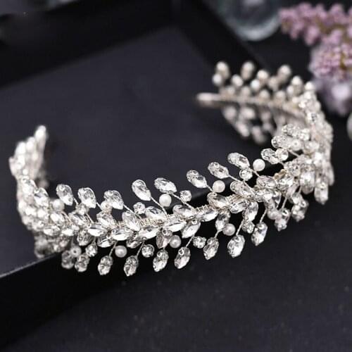SLBRIDAL Luxury Handmade Rhinestones Crystal Pearls Bridal Tiara Headband Wedding Crown Women Bridesmaids Hair Accessory Jewelry
