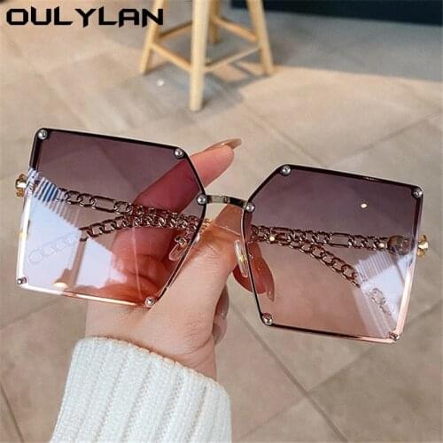Oulylan Oversized Square Sun Glasses Women Luxury Designer Gradient Sun Glasses Ladies Vintage Alloy Chain Frame Eyewear UV400