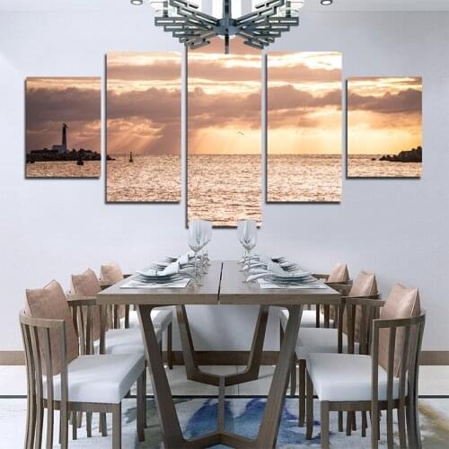 Modern Waterproof Ink Printing Poster Sunset Sparkling Sea Hd Mural Art Canvas Painting Home Decoration Five Piece Set Frameless
