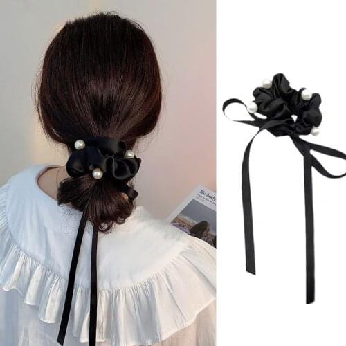 Korea Headband Tassel Pearl Print Girls Satin Hair Scrunchies Women Elastic Hair Band Tie Headwear Mujer Rubber Hair Accessories