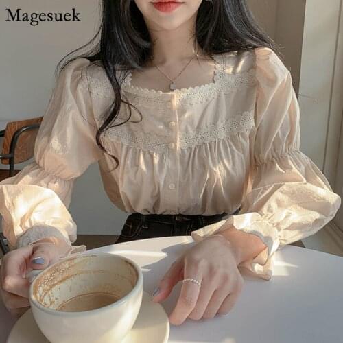 New Autumn Puff Sleeve Women Blouses Tops Solid Lace Shirt Blouse Women Vintage Square Collar Loose Female Shirts Blusas 11200