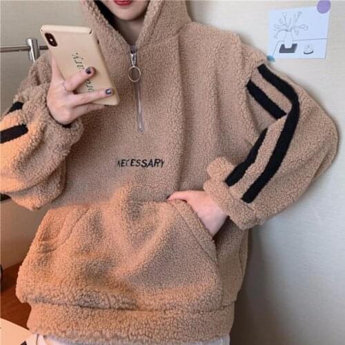 Europe And America Fashion Zipper Letter Embroidery Harajuku Womens Hoodie Winter Warm Loose Korean Lamb Coat Sweatshirt