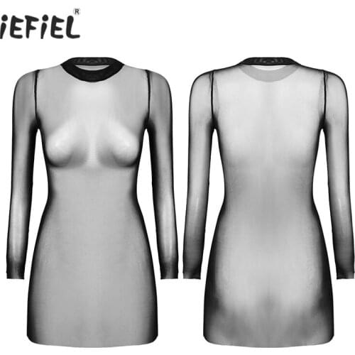 Womens Sexy Mesh Sheer Exotic Dresses Cover Up Sexy Mini Dress See Through Long Sleeve Apparel Transparent Clubwear Costumes