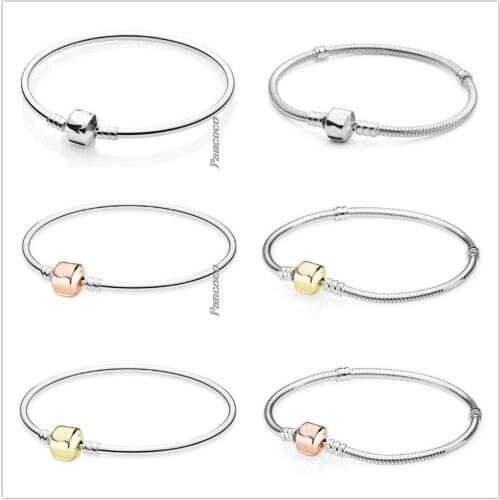 Original 925 Sterling Silver Gold Color Barrel Clasp Basic Snake Chain Bracelet Bangle Fit Women Bead Charm Pandora Jewelry