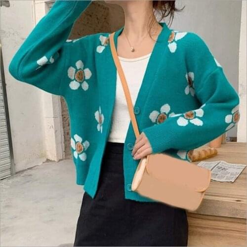 2021 Spring Sweet Flower Knit Cardigans Sweater Women V Neck Loose Elegaht Sweaters Pull Femme Short Casual Coat Argyle Cardigan