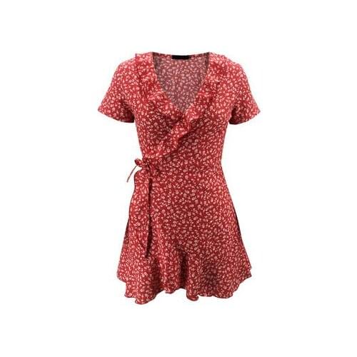 Womans Summer A-Line Bohemian Style Dress Holiday Bandage Design Ruffles Decor V-Neck Mid Waist Print Slim Female Mini Dress