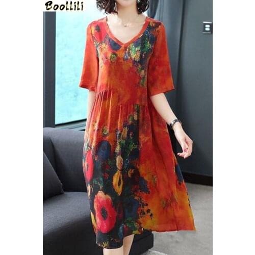Boollili Women Summer Silk Casual Dress Elegant Print Plus Size Dress V Neck Floral Womens Dresses Vintage Vestido 2020