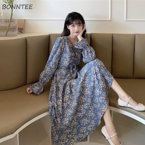 Dress Women All-match Blue Aesthetic Long Sleeve Artistic Mujer Stylish Popular Female Temperament Spring Student Classy Elegant