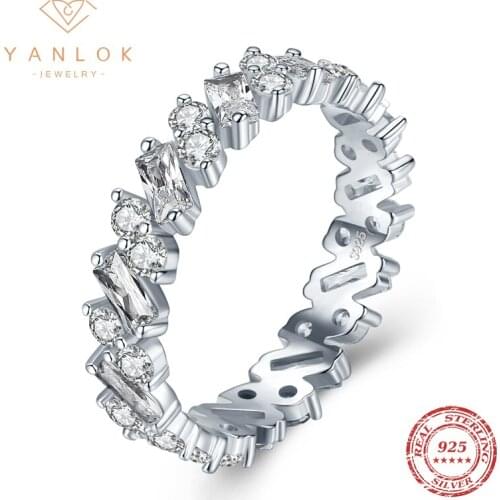 YANLOK Luxury Princess Stackable Rings For Women 925 Sterling Silver Rings Dazzling Clear CZ Size 5 6 7 8 9 Fine Jewelry