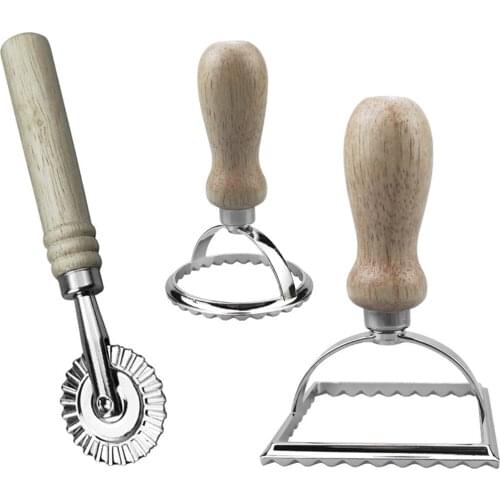 3pcs Ravioli Stamp Set Home Kitchen Fluted Edge Dumpling Cookie Cutter Easy Grip DIY Wooden Handle Pasta Wheel Pastry Tool