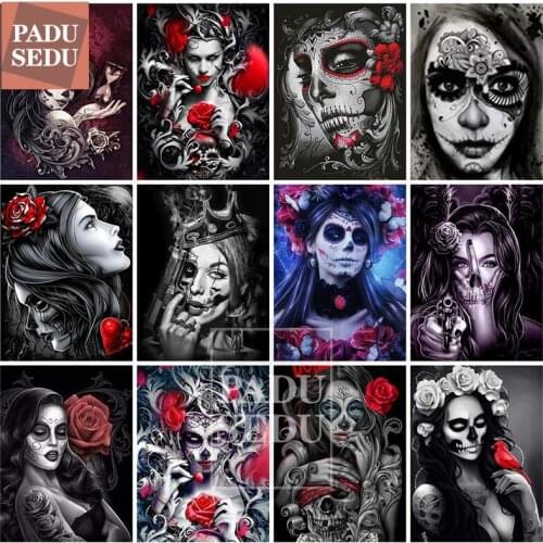 5D DIY Diamond Embroidery Women Cross Stitch Skull Skeleton Girl Diamond Painting Full Square Round Rhinestone Mosaic Decor Home