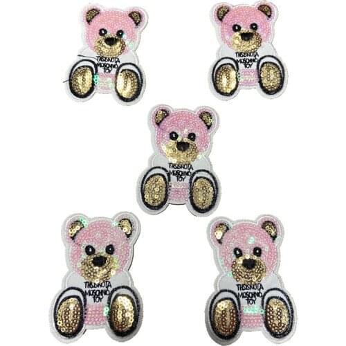 WUYUCONG Small Pink Sequins Toy Bear Patches for Clothes Cartoon Letter Animal Sequined Applique Iron on Patch 10pcs/lot