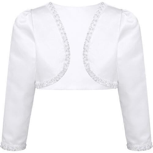 Kids Flower Girls Children Wedding White Open Front Bolero Pearls Beaded Shrug Cardigan Top Cute Little Kids Jacket Outwear