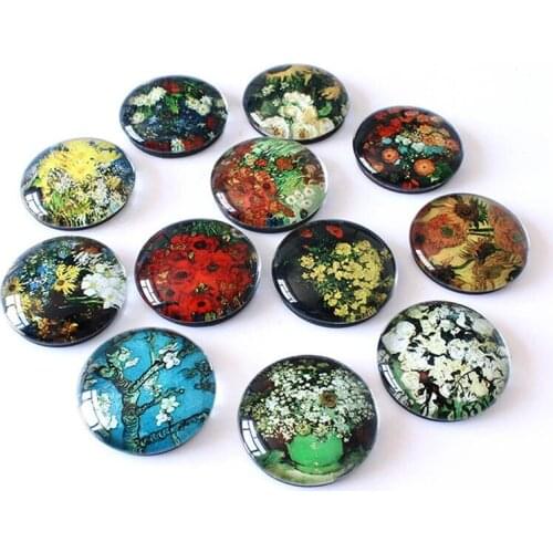 Julie Wang 8-30mm Glass Cabochons Mixed Van Gogh Flowers Fat Back Round Demo For Necklace Earrings Jewelry Making Accessory