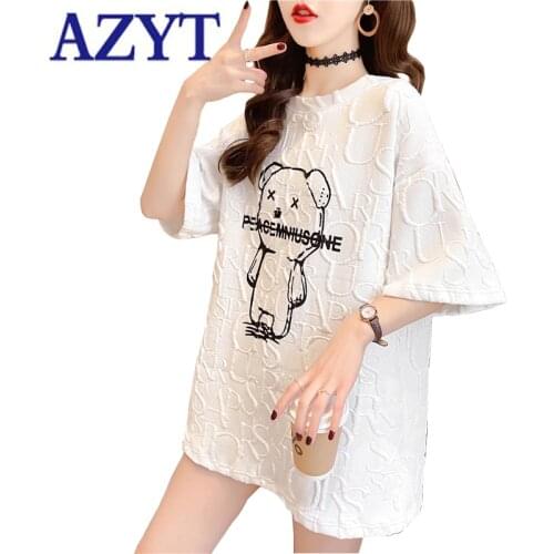 AZYT 2021 Summer New Short Sleeve T Shirt Women Fashion Cartoon Letter Print O Neck Oversized T Shirt Female Loose White Tees