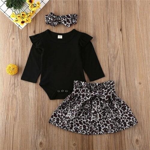 3PCS Newborn Baby Girls Clothes Long Sleeve Romper Tops Leopard Skirt Headband Outfit Set Mameluco Bebes Cute Bodysuits
