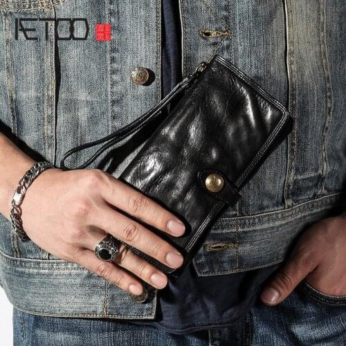 AETOO Leather mens long wallet, leather multi-card pocket wallet, retro buckle personality youth wallet