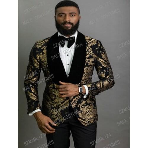 2020 Elegant Fashion Black Gold Floral Men Suits 2 Piece Groom Suit Smoking Tuxedo Jacket Wedding Suits For Men Best Man Blazer
