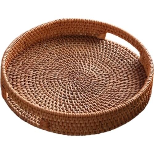 2021 New Rattan Snack Storage Tray Round Basket Hand Woven Decor Bread Fruit Food Display
