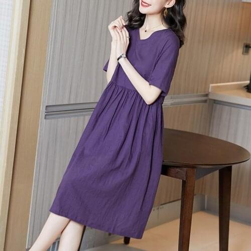 Plus Size 4XL Purple Dress 2021 Summer Korean Loose Short Sleeve V-neck Casual Vintage Midi Dresses Party Vestidos Y280